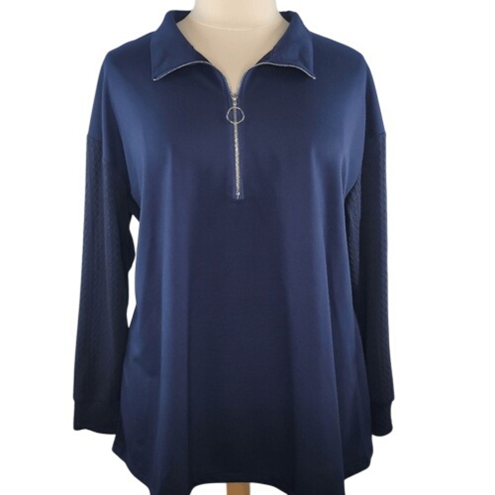 BloomChic Blue Drop Shoulder‎ Zipper Lapel Collar Sweatshirt